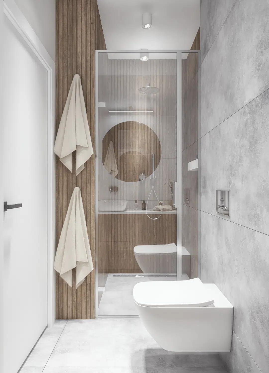 Niewielka, przytulna, jasna łazienka w nowoczesnym stylu z prysznicem z przeszkloną kabiną