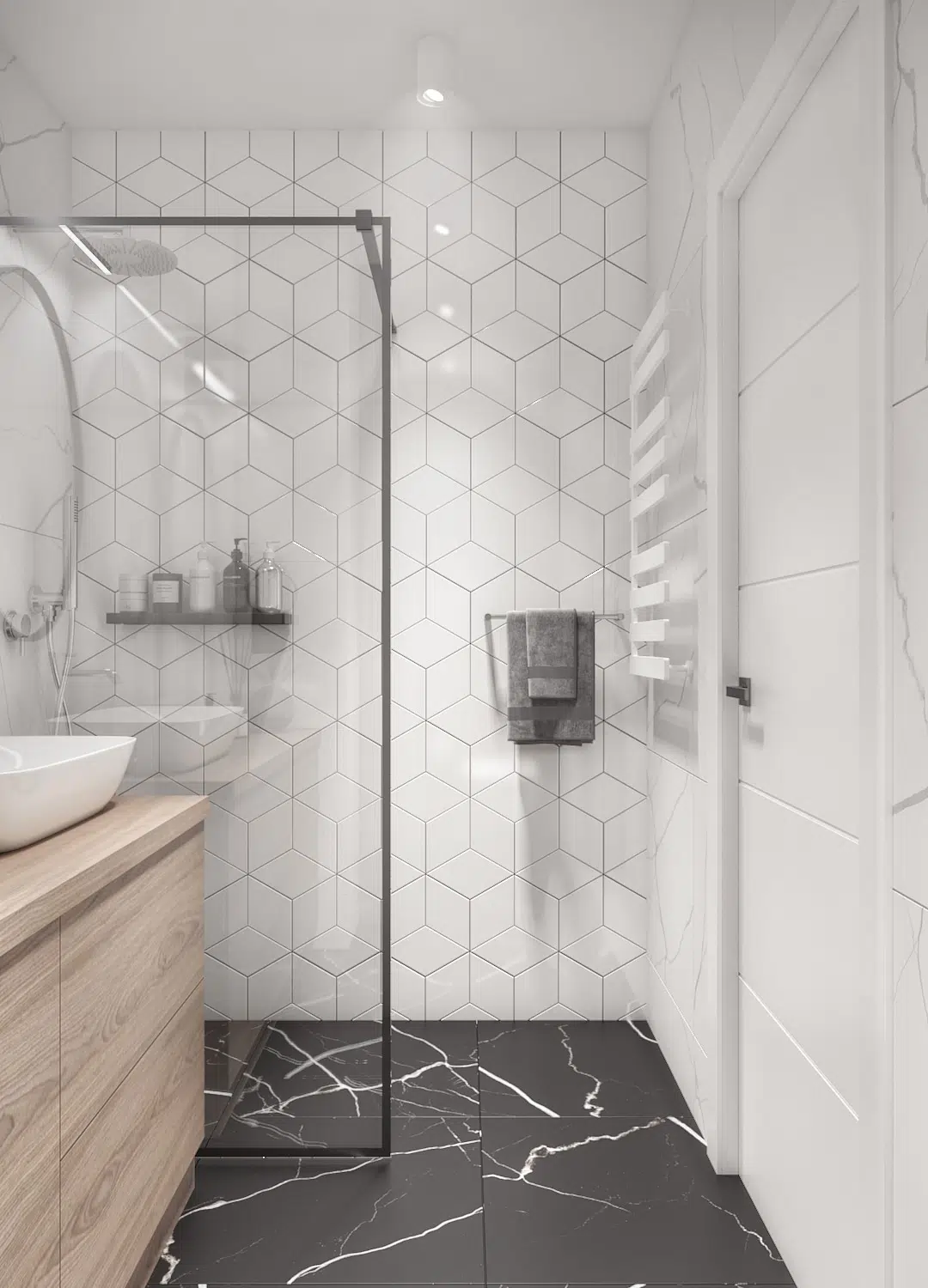 Dekoracyjne kafle geometryczne na ścianie pod prysznicem