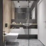 Minimalistyczna łazienka w grafitowych kolorach z beżowymi akcentami