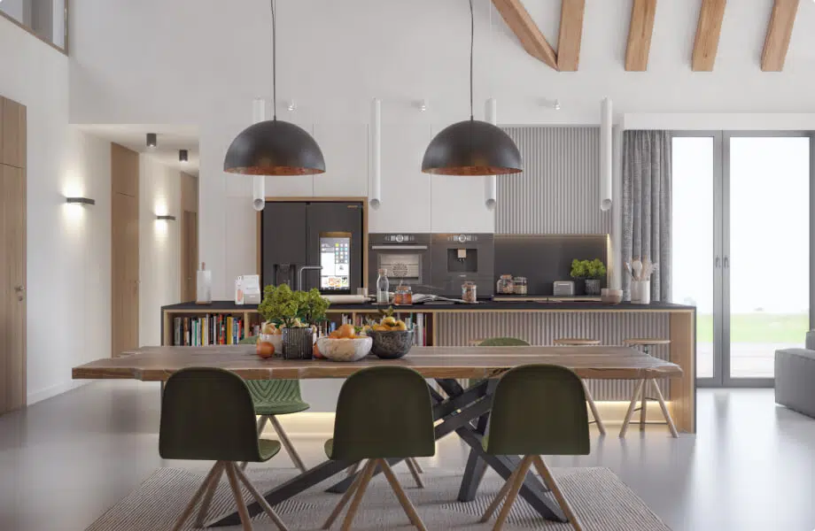 Salon z aneksem kuchennym i zielonymi krzesłami