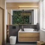 Dekoracyjne drewniane elementy, duże lustro i umywalka w łazience oraz sedes