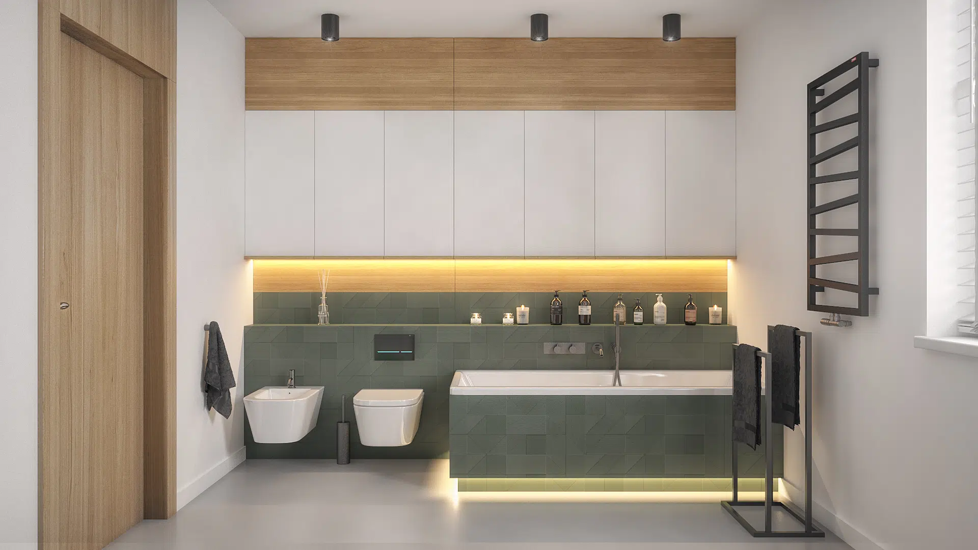 Nowoczesna łazienka w minimalistycznym stylu z kontrastującymi kaflami w kolorze zielonym i nastrojowym podświetleniem LED