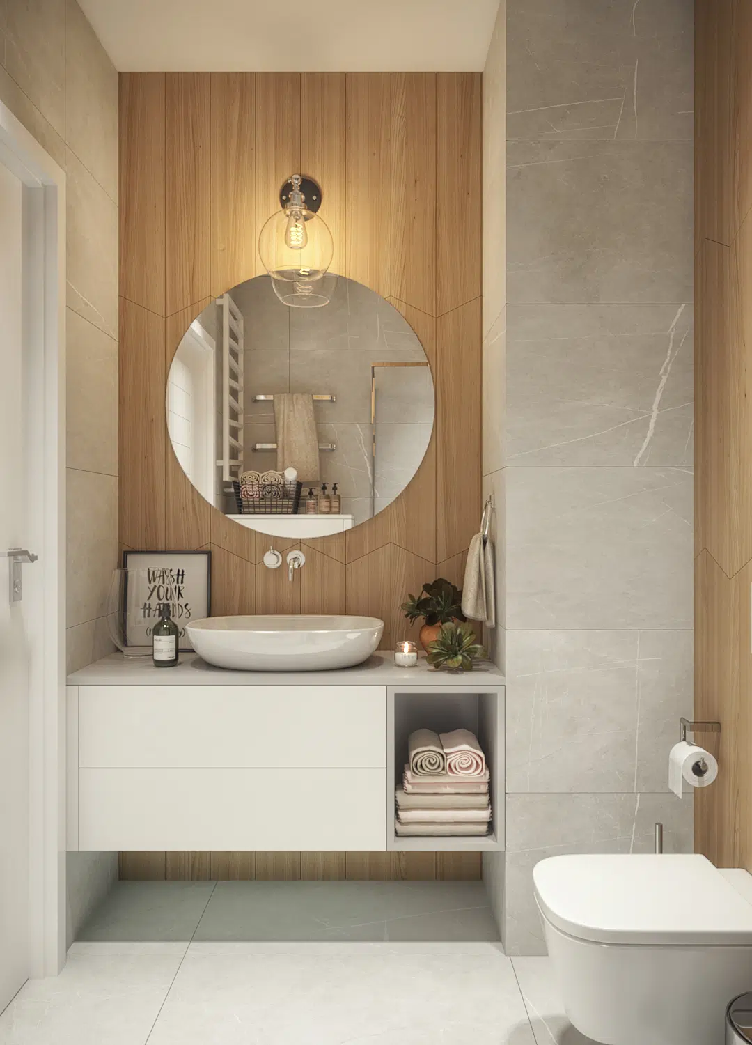 Umywalka z dużym lustrem i dekoracyjną, nowoczesną lampą kinkietową w łazience