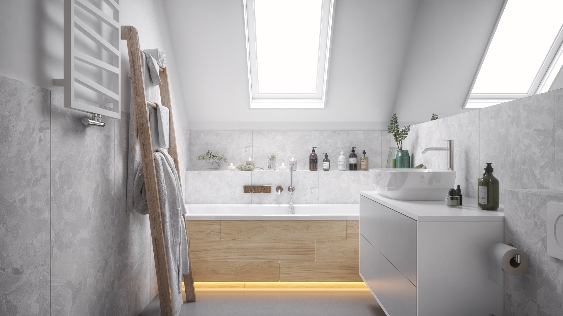 Duża wanna z podświetleniem LED w nowoczesnej, jasnej łazience na poddaszu