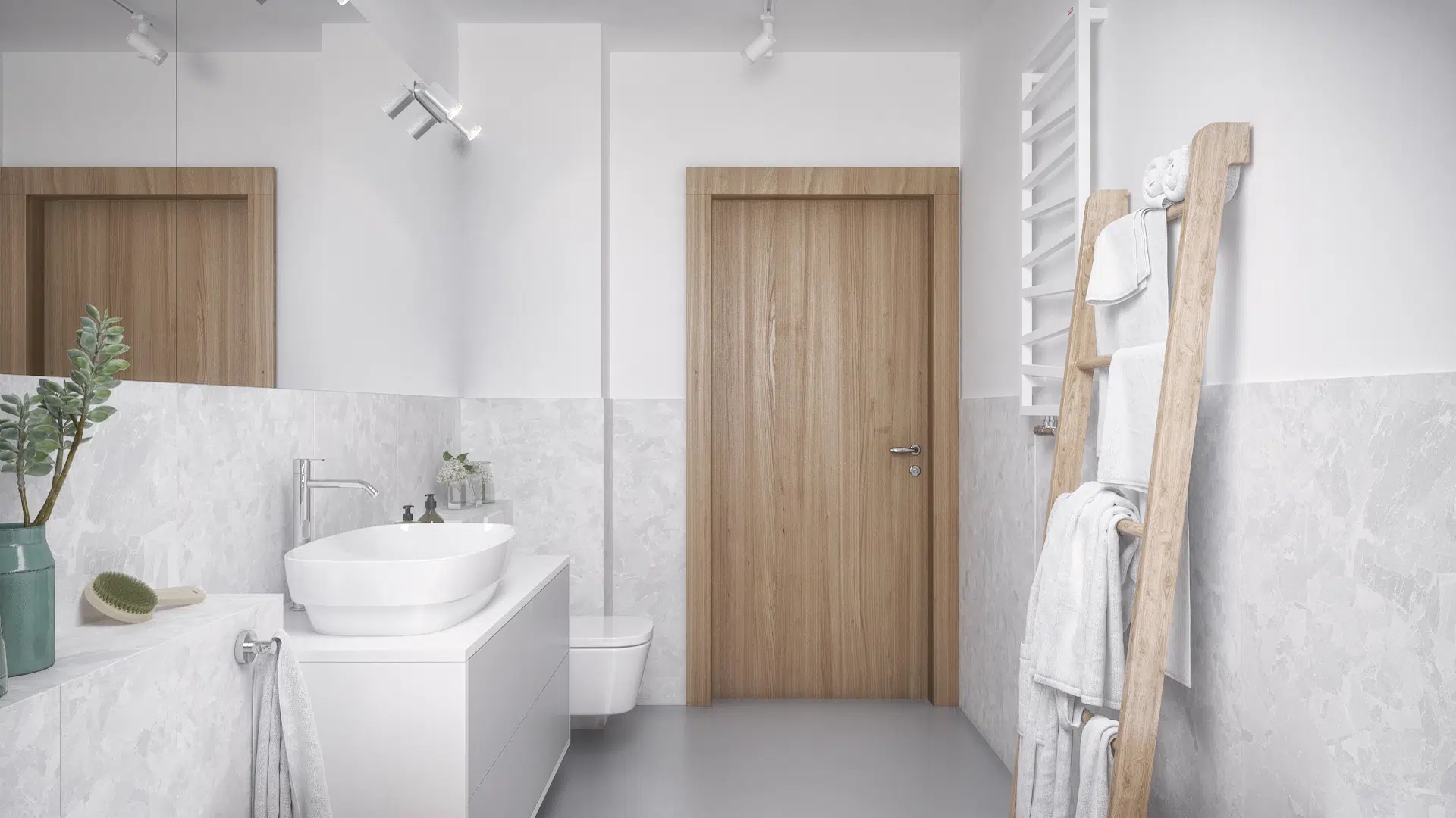 Łazienka w odcieniach bieli i szarości z drewnianymi elementami dekoracyjnymi i drzwiami w tym samym kolorze