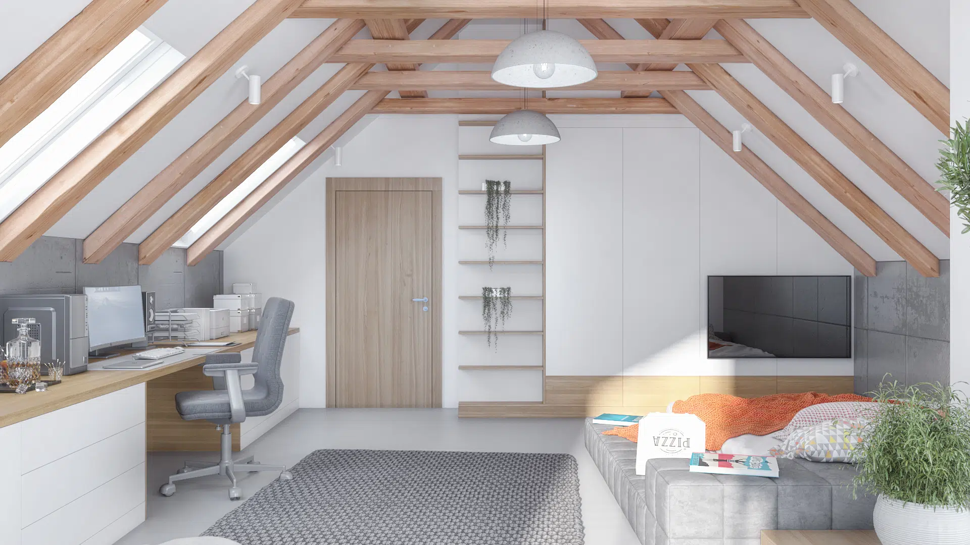 Duża sypialnia z łóżkiem, biurkiem i dekoracyjnymi, drewnianymi belkami sufitowymi