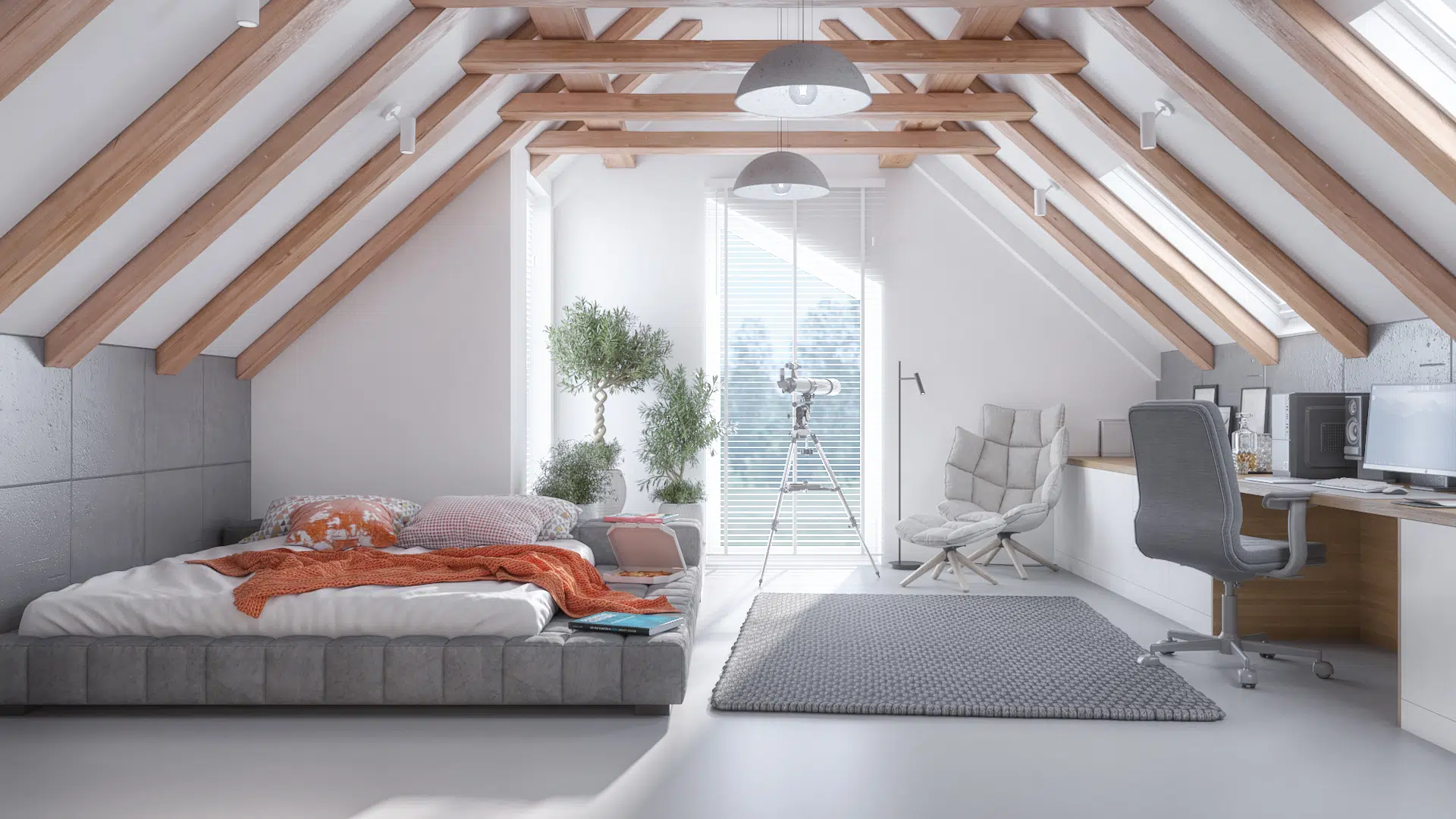 Przestronna sypialnia z w nowoczesnym stylu na poddaszu z dużą ilością naturalnego światła