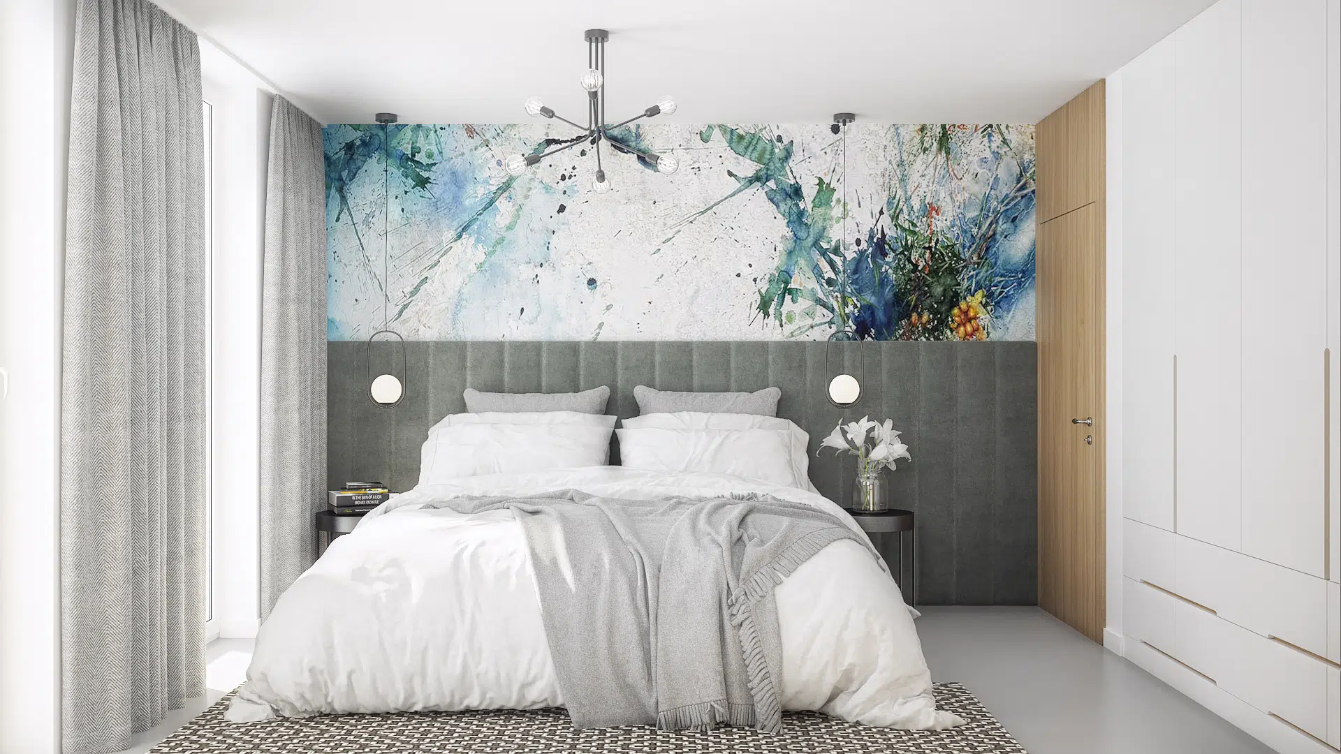 Sypialnia z tapicerowanym panelem ściennym i abstrakcyjną fototapetą