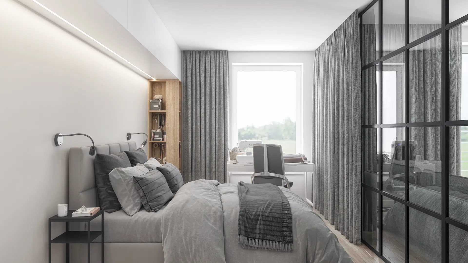Sypialnia z oknem zapewniającym dostęp naturalnego światła oraz miejscem do pracy