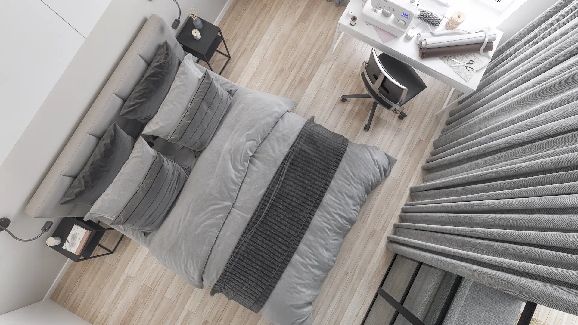 Widok górny na sypialnie z dużym łóżkiem i pracownią krawiecką