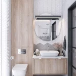 Łazienka z drewnianymi meblami i dużym lustrem