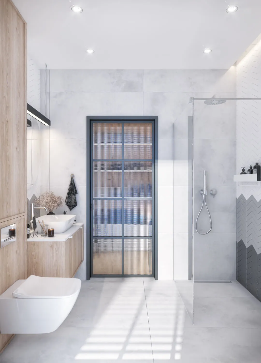 Łazienka z przeszkloną kabiną prysznicową i ciemnymi drzwiami