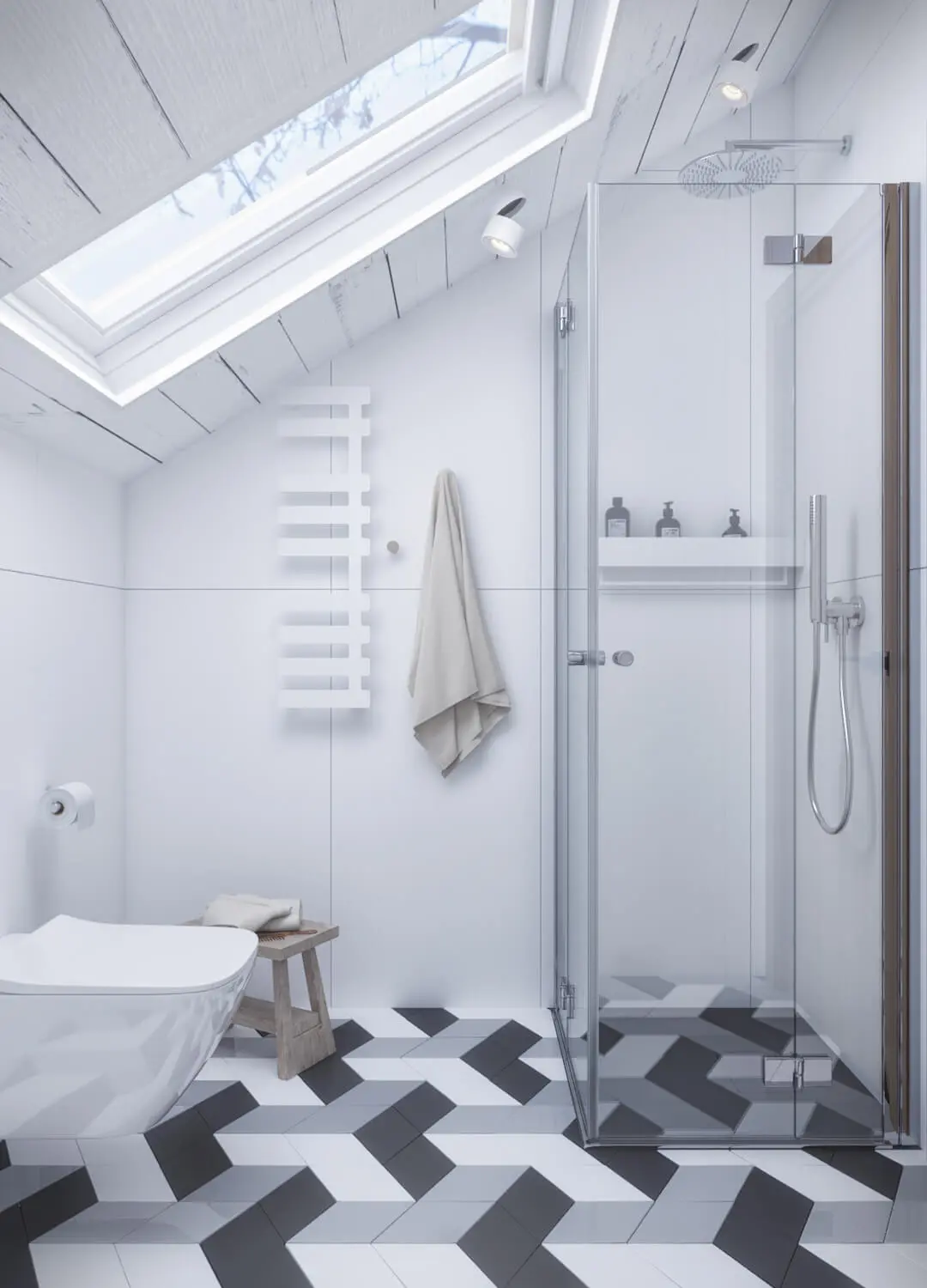 Jasna, biała łazienka z przeszkloną kabiną prysznicową i dekoracyjnymi kaflami na podłodze