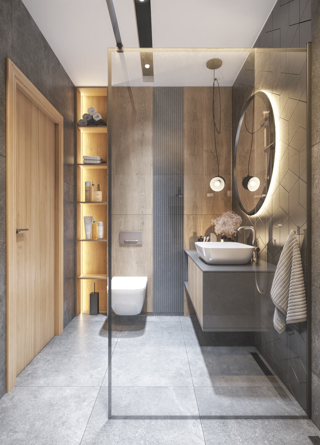 Nowoczesna łazienka w minimalistycznym stylu z podświetleniami LED
