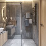 Łazienka z przeszkloną kabiną prysznicową i ciemnymi płytkami z drewnianymi elementami