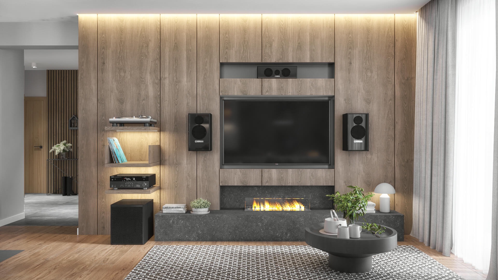 Widok na ścianę w salonie z dekoracyjnymi panelami drewnianymi, eko kominkiem i telewizorem z zestawem stereo