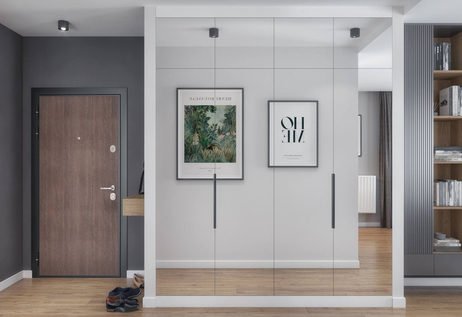 Przedpokój z dużą szafą o lustrzanych frontach